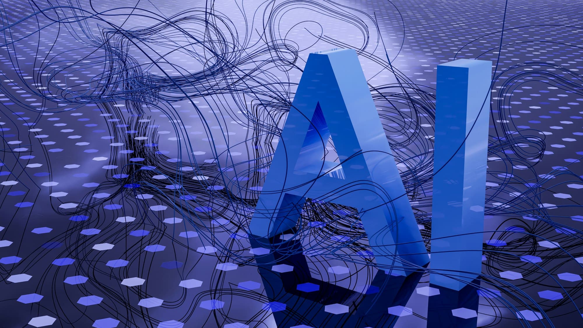 Glowing 3D letters spelling AI on a blue surface