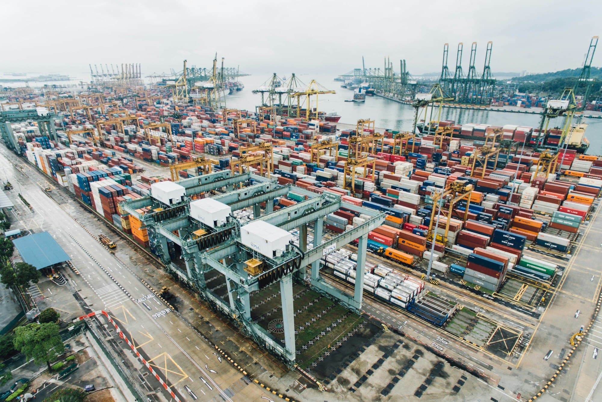 Aerial view of a container port full of shipping containers